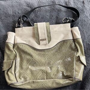 Kipling Olive & Cream Embossed Tote with Black Strap